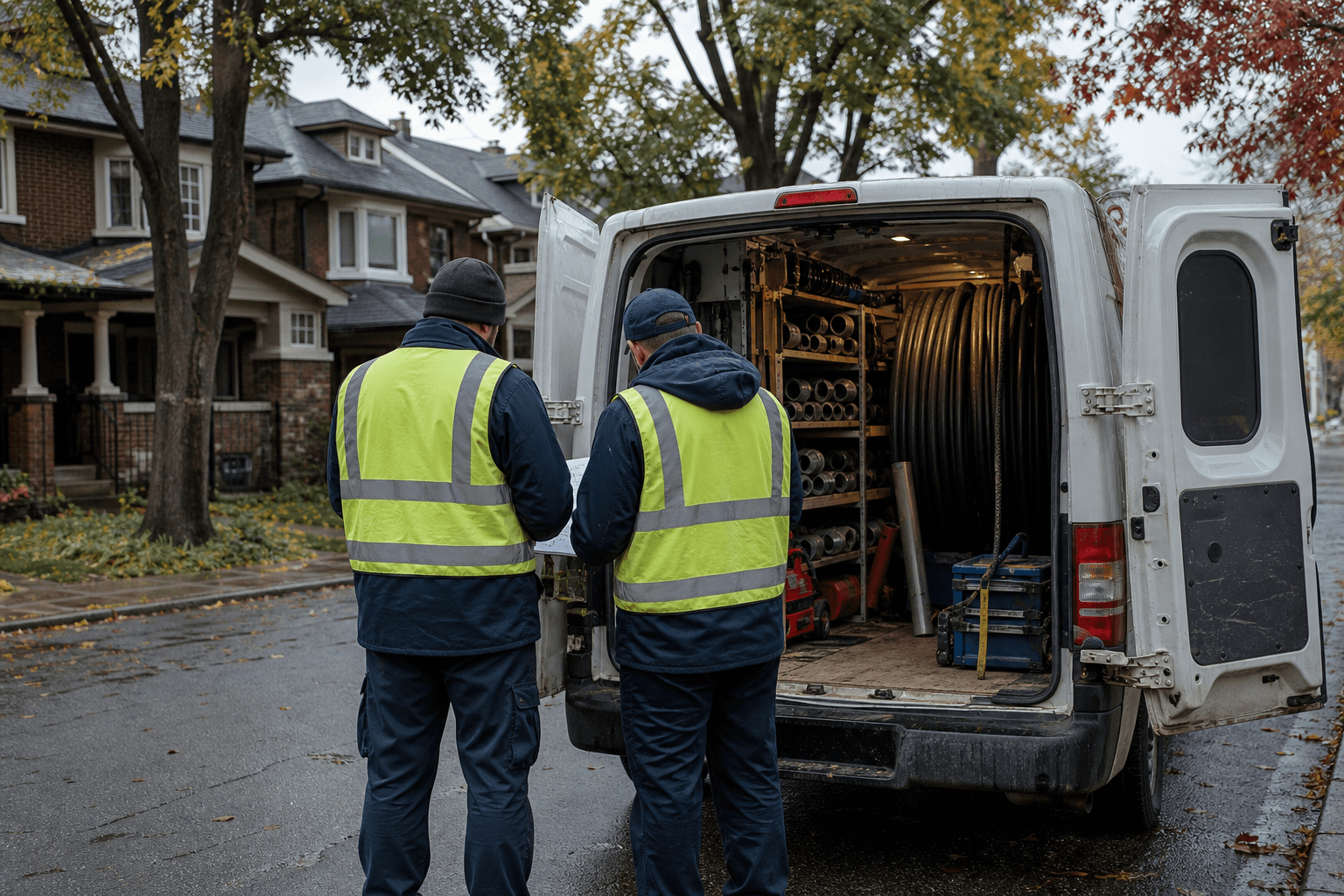 Toronto Water Line Replacement crew on site preparing trenchless pipe equipment